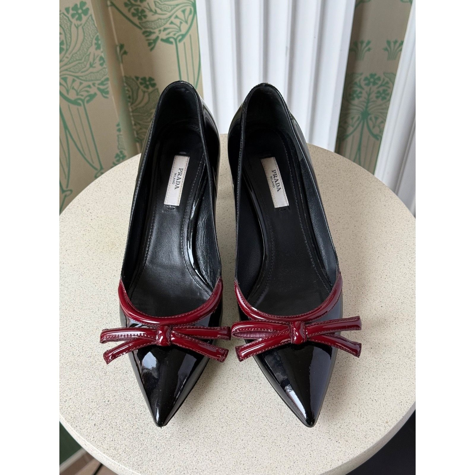 Prada Prada Bow Burgundy Patent Leather Pointed Toe Heels Size: 37 Size US 7.5 / IT 37.5 - 3 Thumbnail