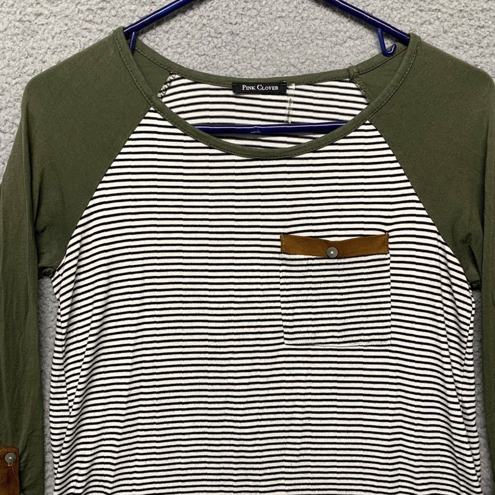Vintage Pink Clover 3/4 Sleeve Pullover Women’s Solid Green w/White & Black Stripes XS T-Shirt Ladies Small/Medium Size XS / US 0-2 / IT 36-38 - 2 Thumbnail