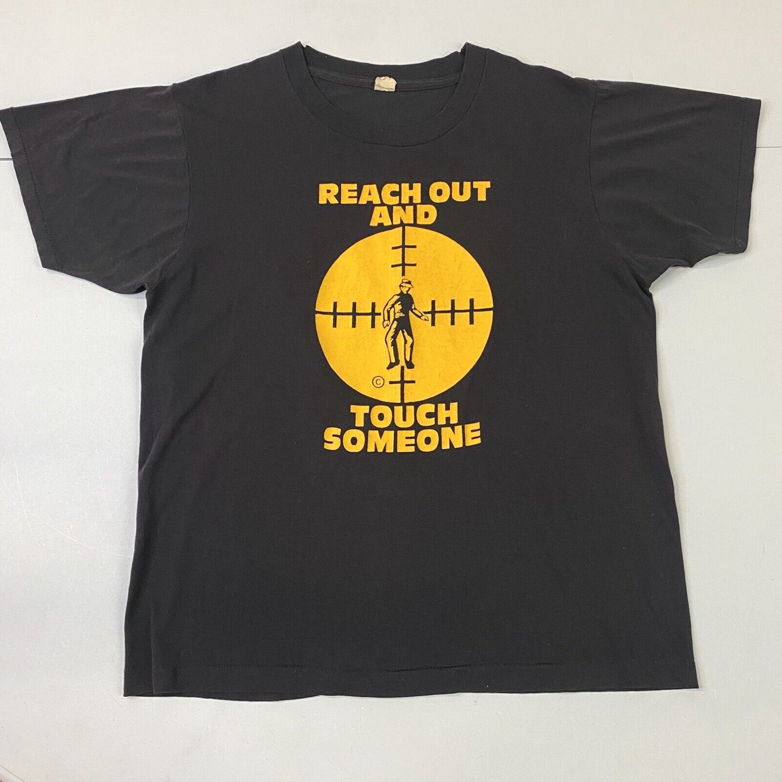 image of Screen Stars Vintage 80's Reach Out And Touch Someone Shirt XL Black Crosshair Bullseye 50/50 in Wh