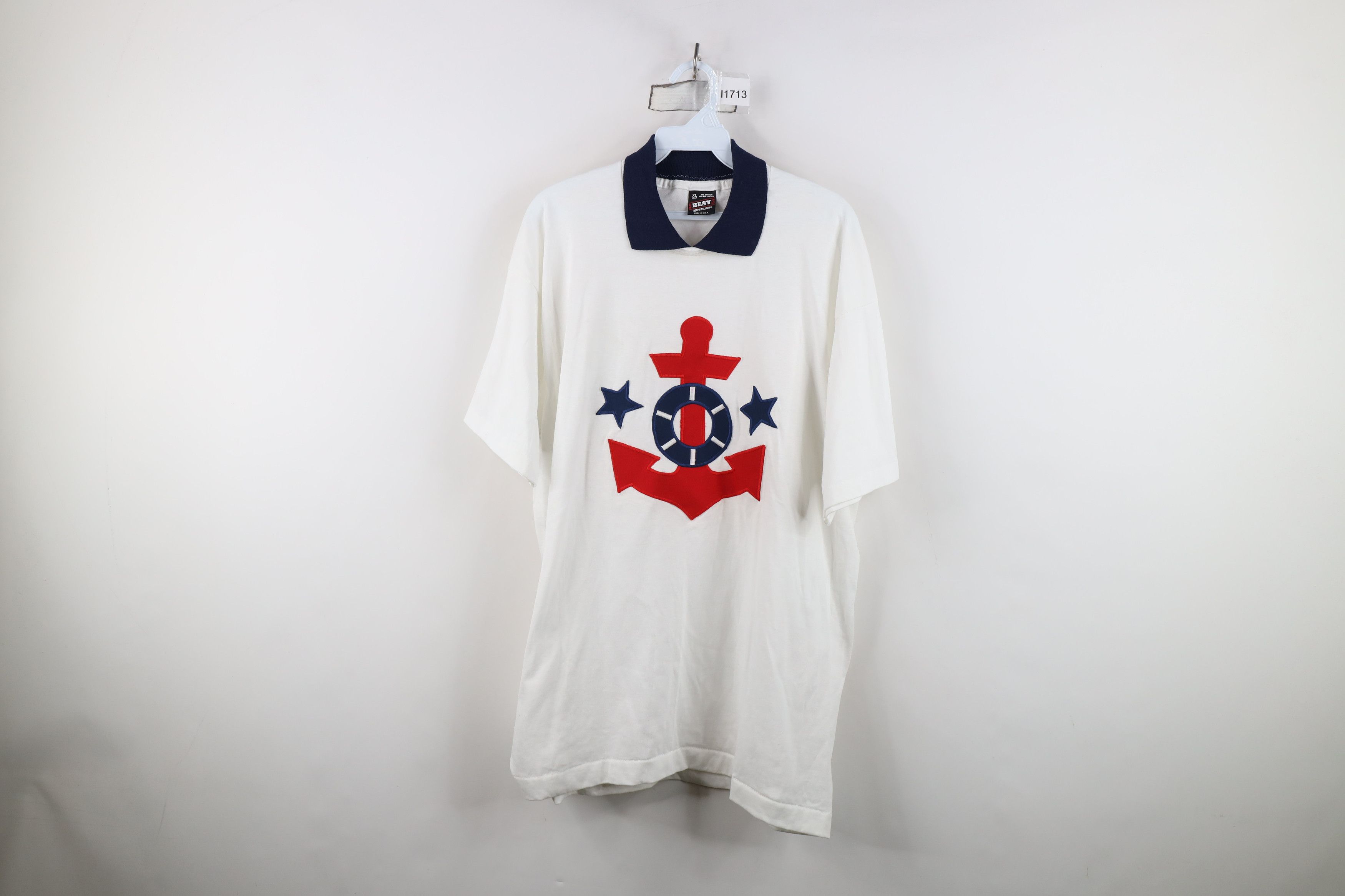 Vintage Vintage 90s Nautical Boat Anchor Collared T-Shirt White USA Size XL / US 12-14 / IT 48-50 - 1 Thumbnail