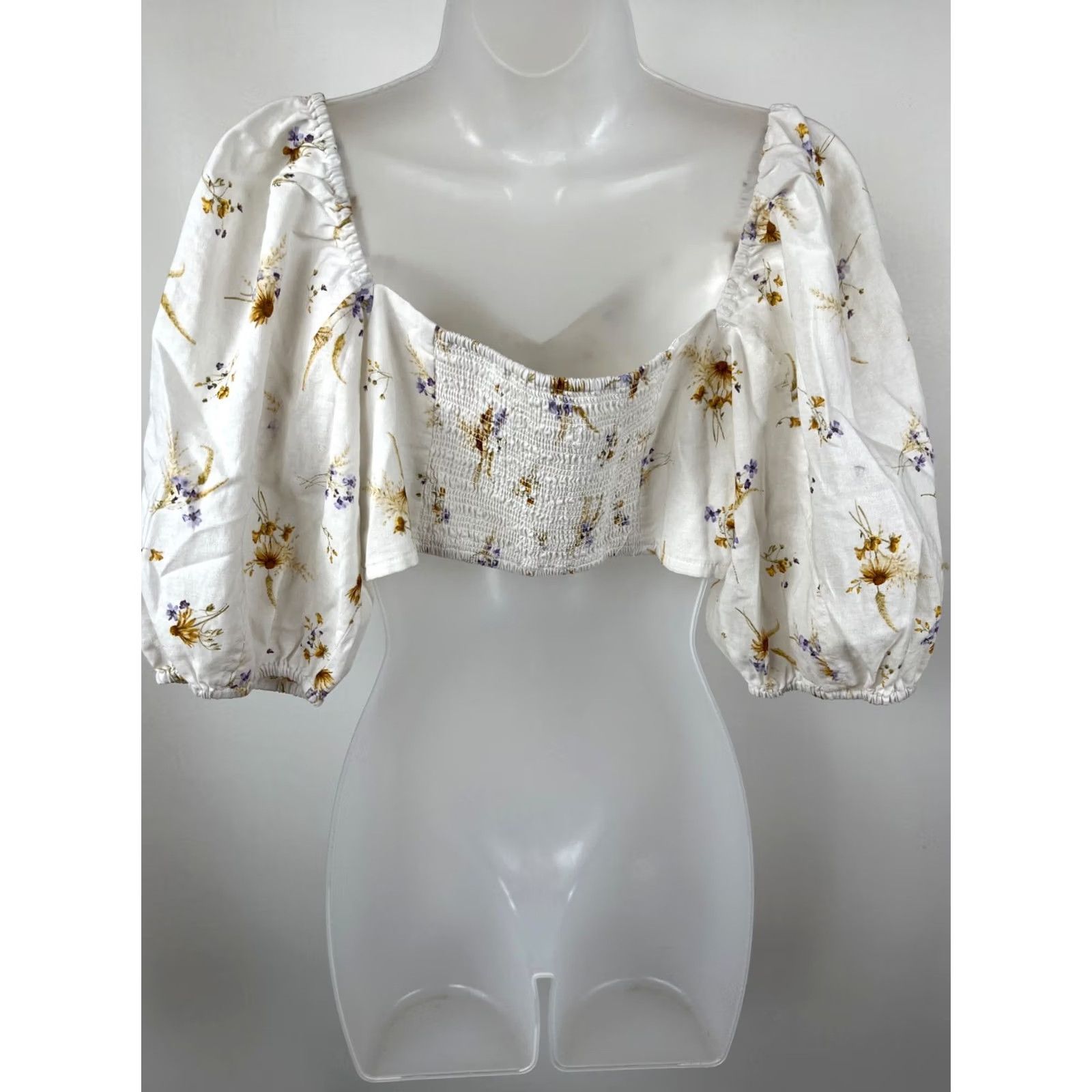 H&M H&M Crop Top Womens L White Floral Puff Sleeve Cropped Slouchy Back Smocked Back Size L / US 10 / IT 46 - 5 Thumbnail