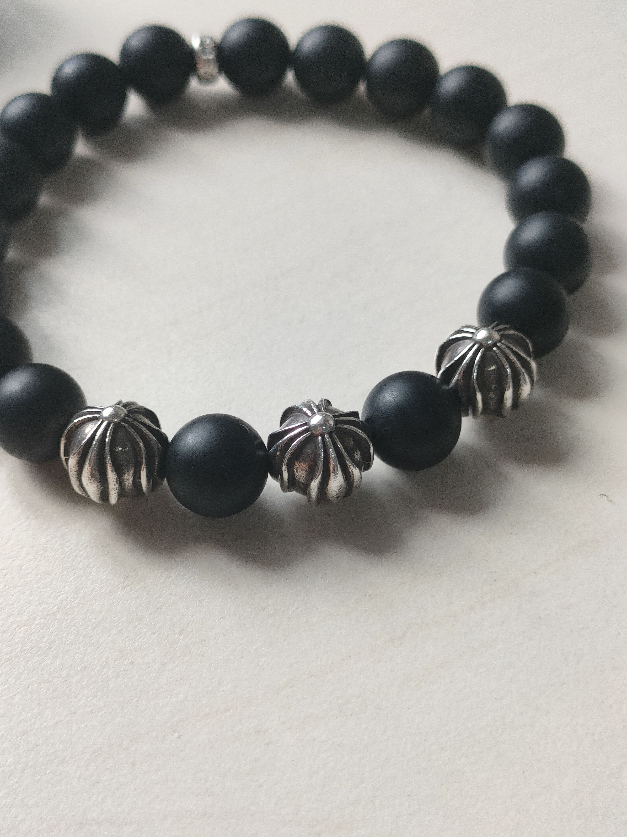 Chrome Hearts Chrome Hearts 10mm Frosted Black 4 Silver Beaded Bracelet Size ONE SIZE - 9 Thumbnail