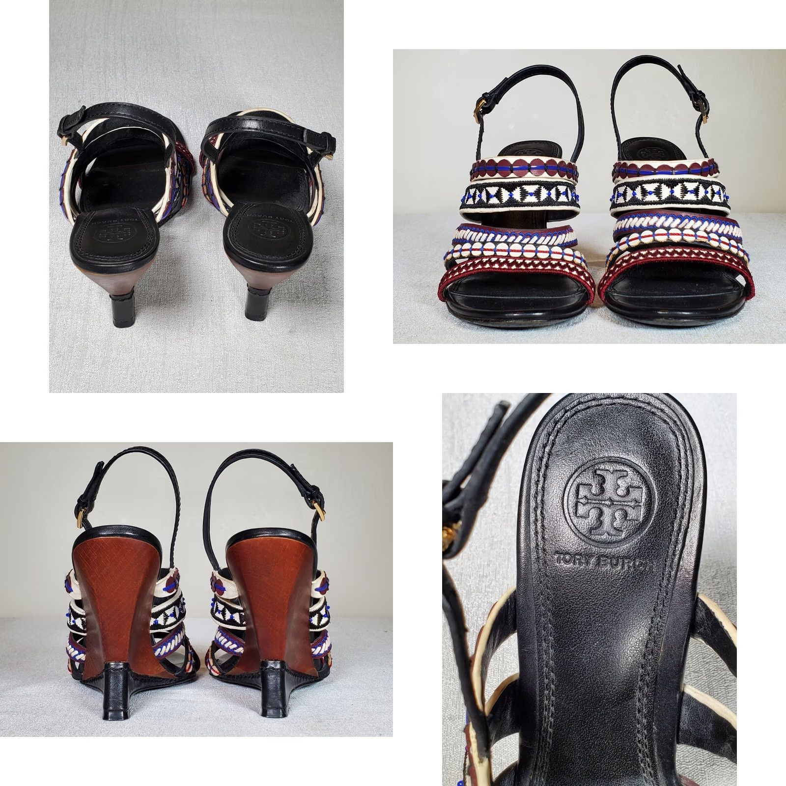 Tory Burch Tory Burch Strappy Womens Red White Blue Black Multi Mixed Trims Leather 100mm Wedge Sandals Women Size US 8 / IT 38 - 8 Thumbnail