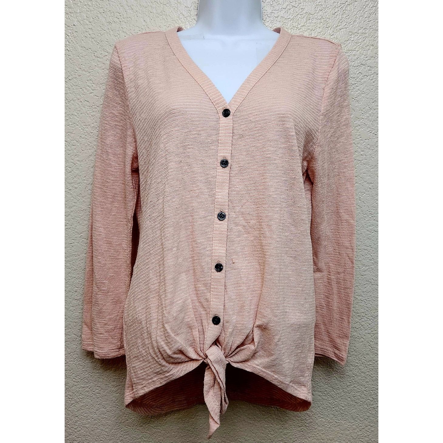 Other Loft Pink Slub Knit Button Up Tie Hem Long Sleeve Top Medium Size M / US 6-8 / IT 42-44 - 1 Thumbnail