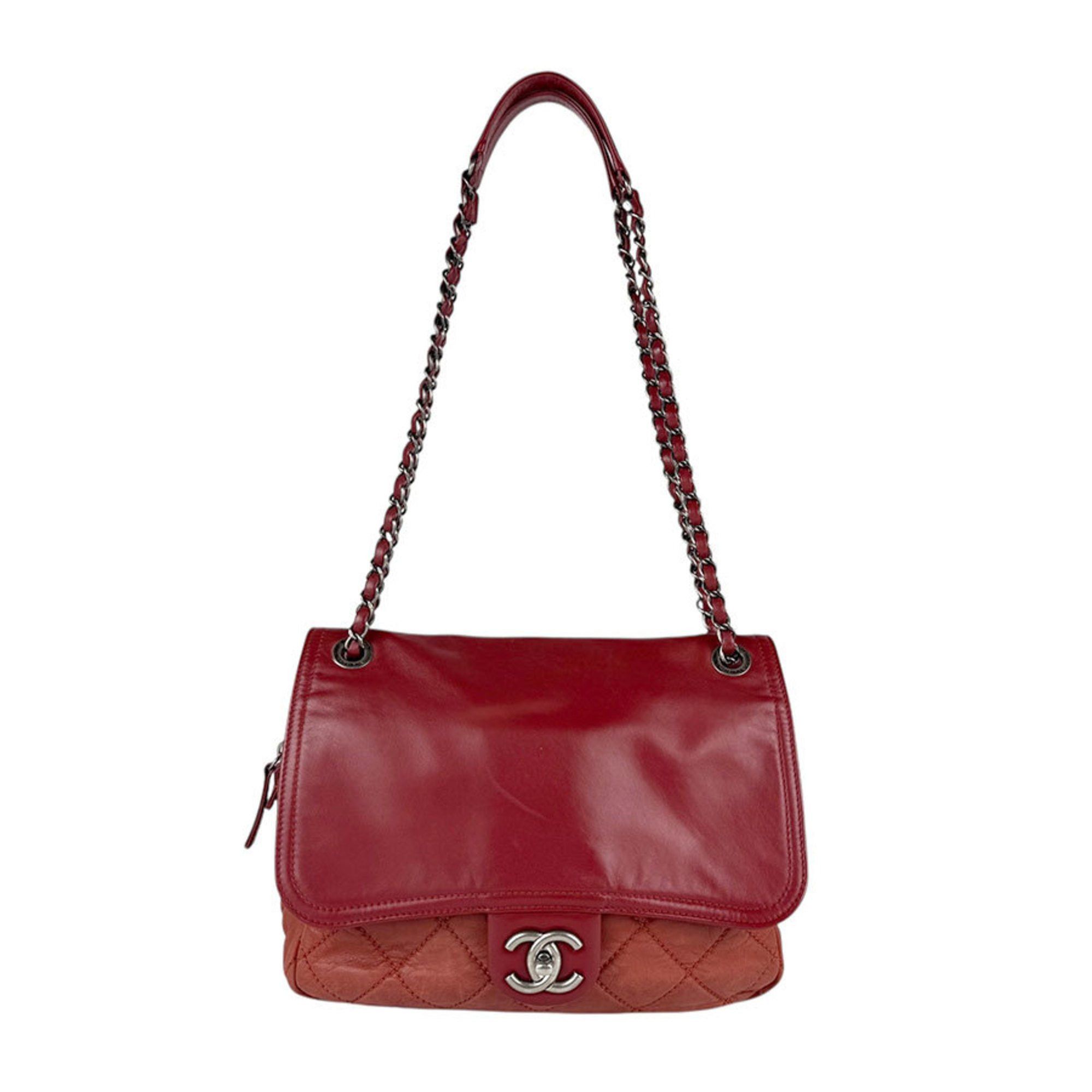 Chanel Shoulder Bag Leather Nubuck Red Orange Silver Women's Z5214