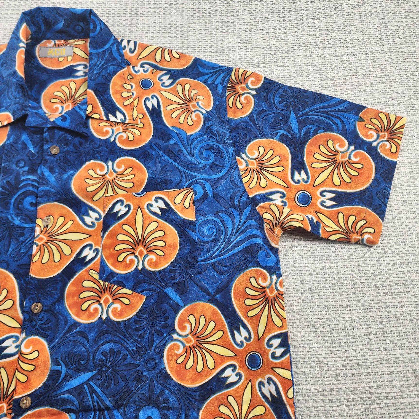 ALOHAS MCD Hawaiian Shirt Mens Extra Large Blue Orange Floral Tropical Button Up Size US XL / EU 56 / 4 - 3 Thumbnail