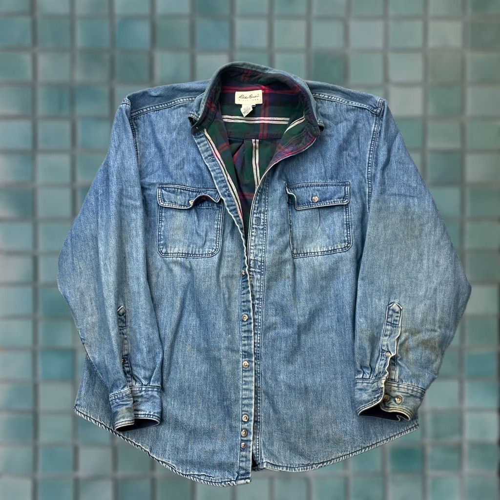 Eddie Bauer VTG Eddie Bauer Jacket Mens XL Denim Thrashed Grunge 90s Plaid Bomber Jacket Blue Size US XL / EU 56 / 4 - 1 Thumbnail