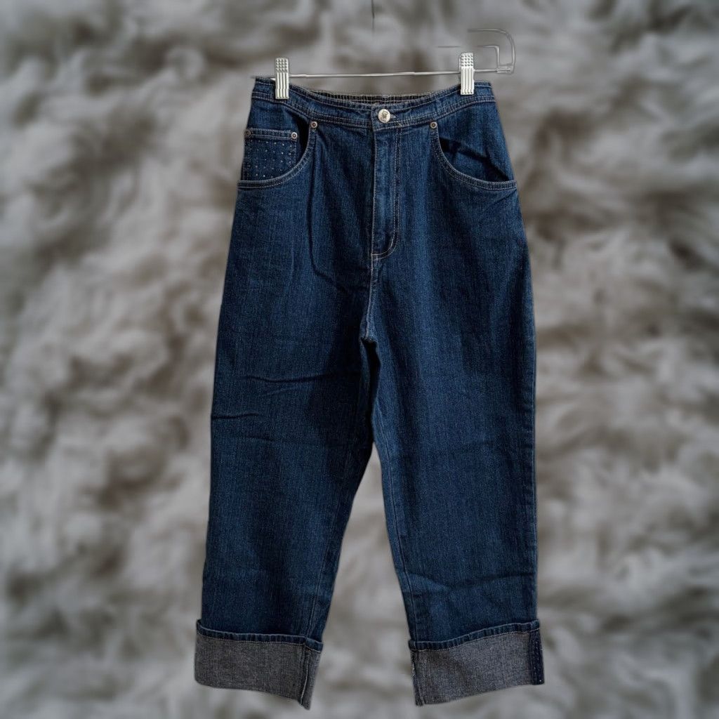 Quacker Factory Quacker Factory Jeans Cropped Womens XS Blue High Rise Denim Cuffed Embellished Rhinestone 5-Pocket Stretch Size 42" / US 20 - 1 Thumbnail