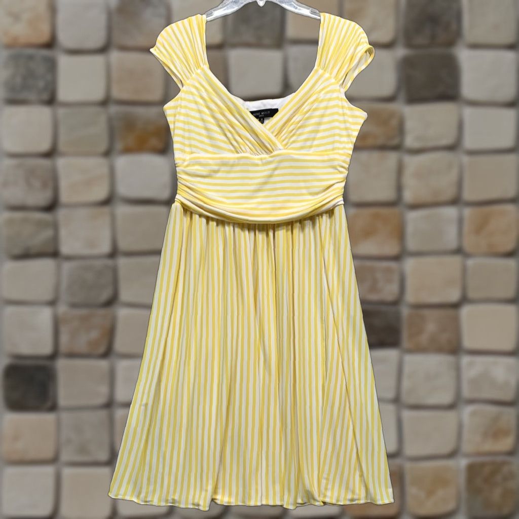 Nine West Nine West Women's Dress Size 12 Yellow White Stripe Fit & Flare Lined Top Zipper Dress Size XL / US 12-14 / IT 48-50 - 1 Thumbnail