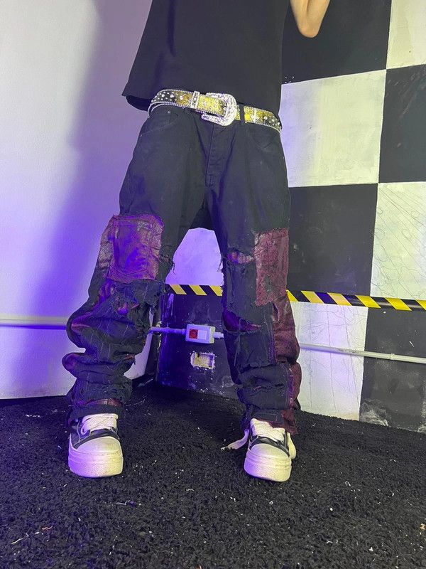 Japanese Brand Custom Demon Jeans Leather Black Goth Opium Alt Punk Baggy Size US 36 / EU 52 - 2 Thumbnail
