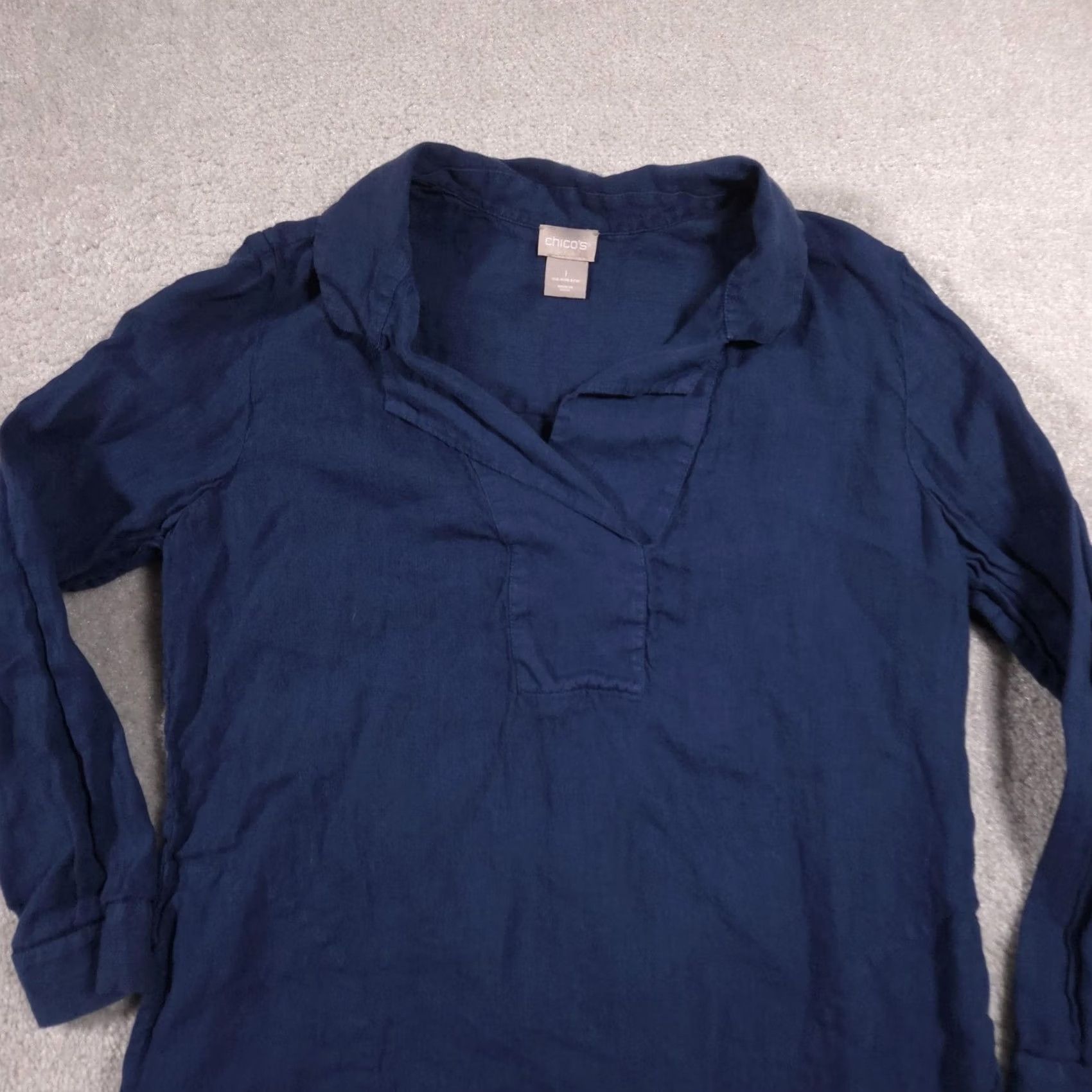 Vintage Chico's Shirt Womens 1 Blue 100% Linen Collared Tunic Long Sleeve Top Blouse Size XS / US 0-2 / IT 36-38 - 2 Thumbnail