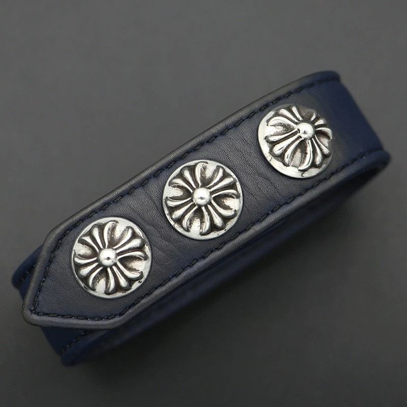 Pre-owned Chrome Hearts 3 Button 2 Snap Leather Bracelet Bangle In Blue