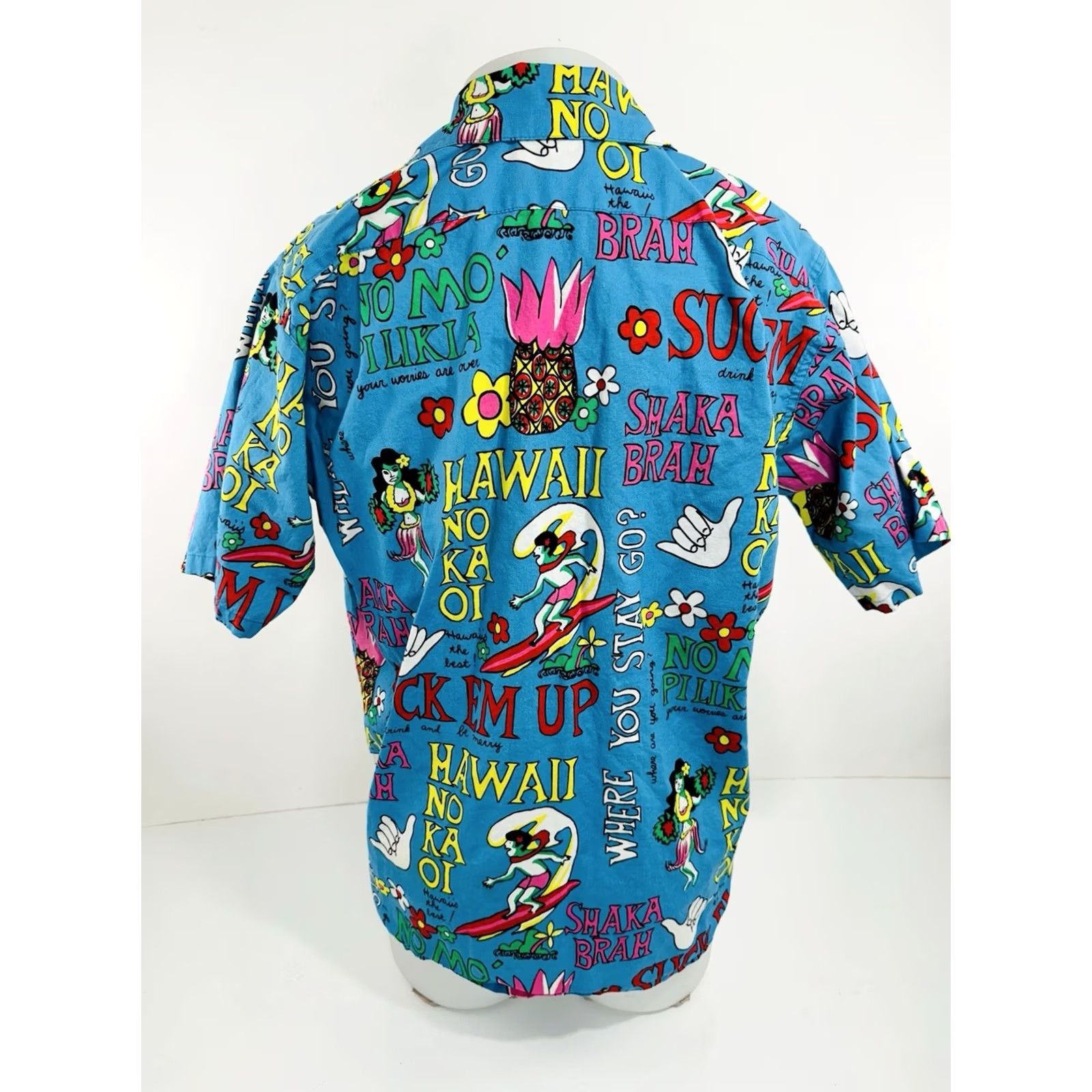 Vivobarefoot VINTAGE Go Barefoot SHAKA BRAH / SUCK EM Surfing Hula Girl Hawaiian Shirt M Blue Mens Short Sleeve Button-Up Shirt Size US M / EU 48-50 / 2 - 3 Thumbnail