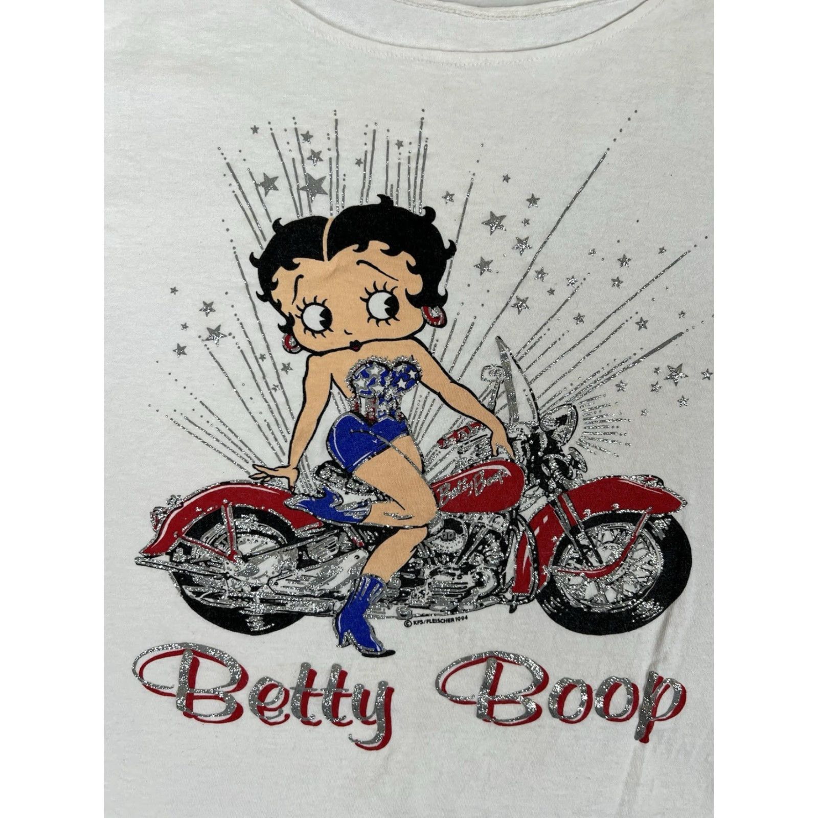 Vintage VINTAGE 1994 Betty Boop Motorcycle American Flag T-Shirt Women’s XL Fleischer White Short Sleeve Women Size XL / US 12-14 / IT 48-50 - 2 Thumbnail
