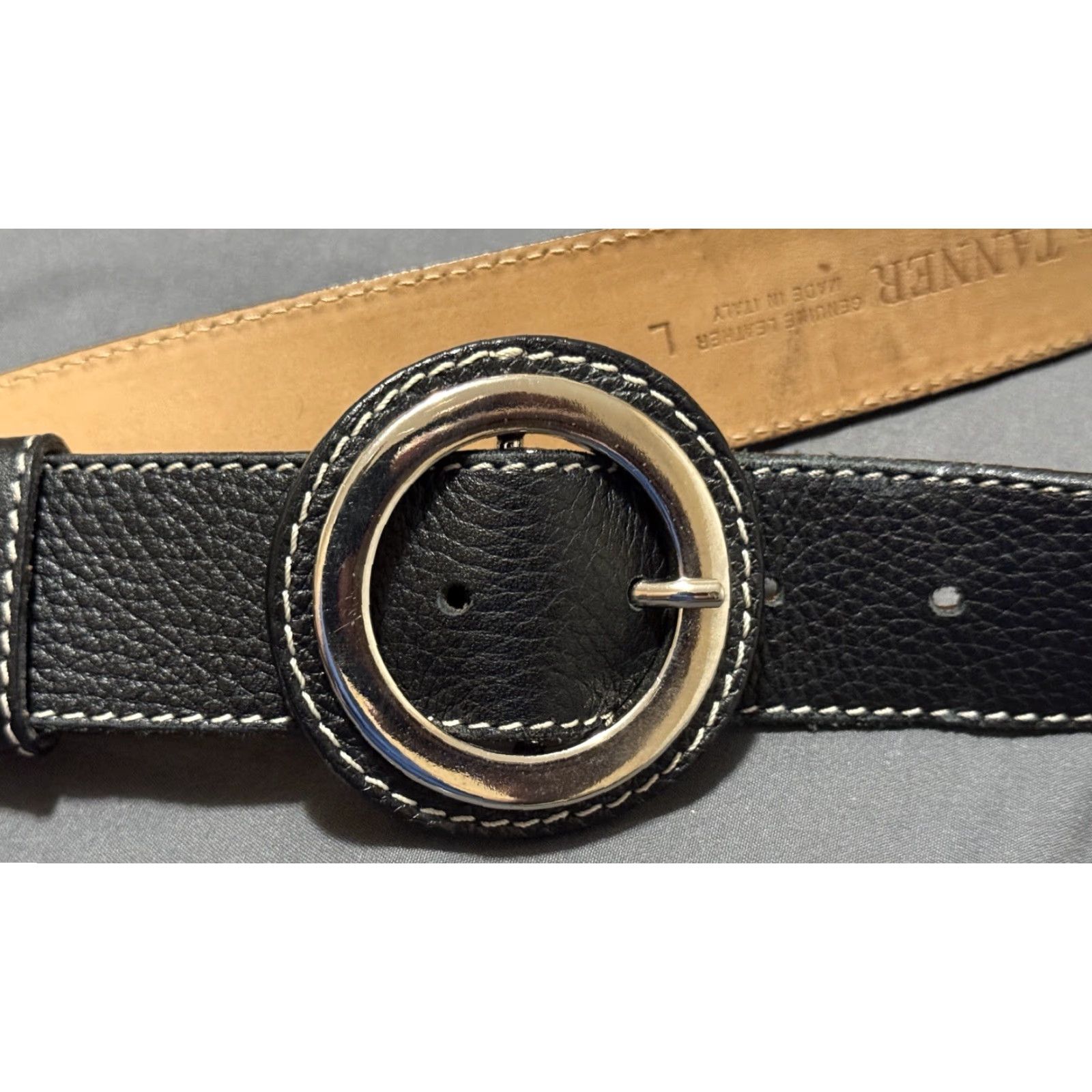 Vintage Tanner Women’s Belt Italian Genuine Leather 344BT03 Large Black Belt Regular Waist Belt Buckle Silver - Women - Italy Size ONE SIZE - 2 Thumbnail