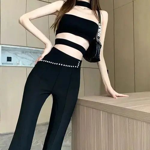 Japanese Brand Korean Fashion Women Black Flare Pants Spring Autumn Slim Size 27" / US 4 / IT 40 - 3 Thumbnail