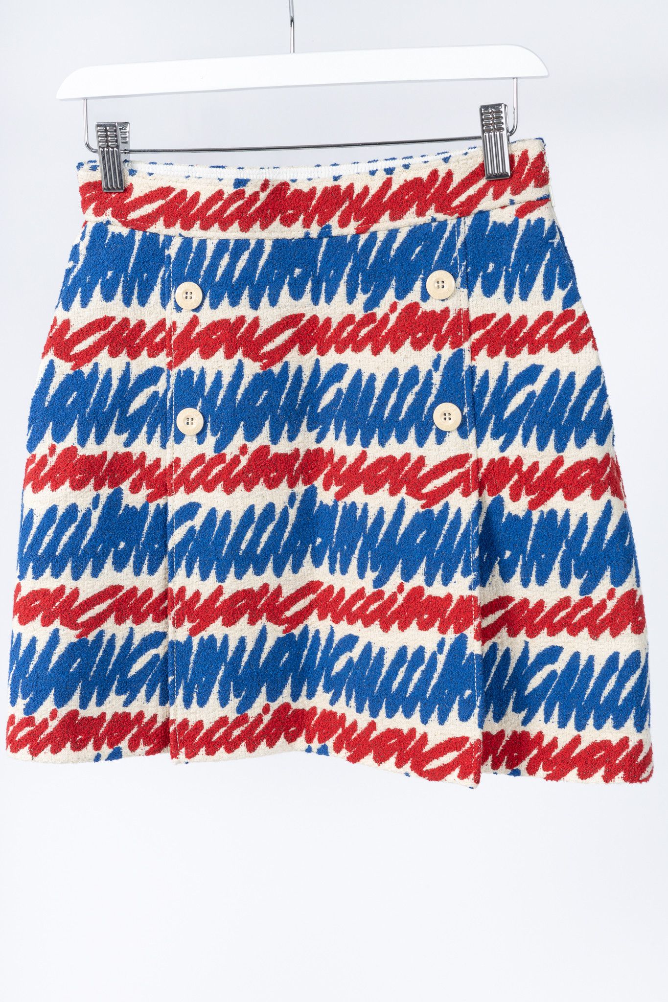 Gucci Gucci Ivory, Blue & Red Script-Print Cotton-Tweed Mini Skirt Size 26" / US 2 / IT 38 - 3 Thumbnail