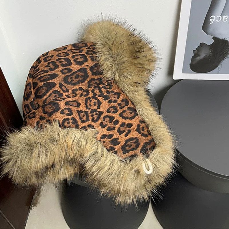 Japanese Brand Y2k Printed Leopard Fur Flush Winter Hat Size ONE SIZE - 2 Thumbnail