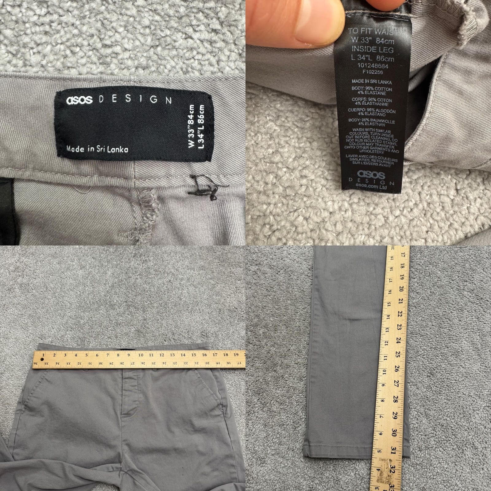 Asos ASOS Design Pants Mens 33x34 Gray Twill Cotton Straight Leg Chino Button Fly Casual Workwear Size US 34 / EU 50 - 8 Thumbnail