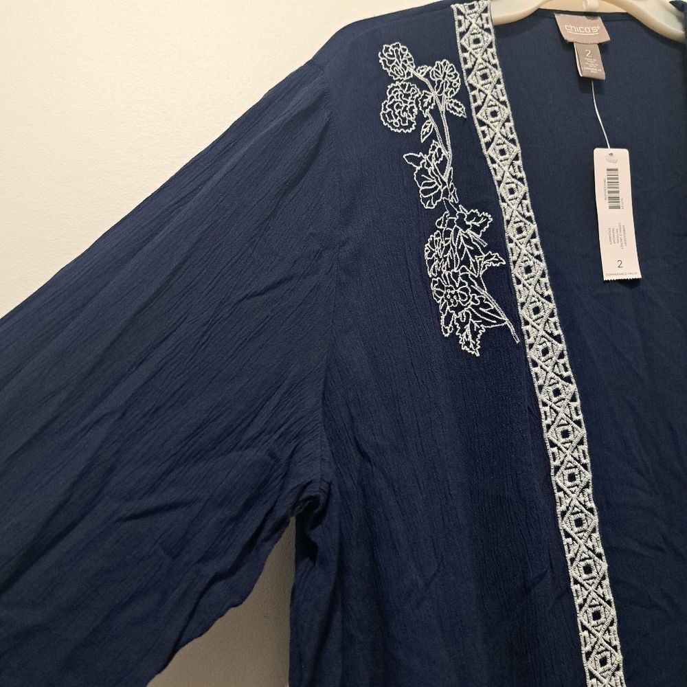 Chicos Chico's Floral Embroidery Pattern Crinkle Open Front Cardi J Size L / US 10 / IT 46 - 11 Thumbnail