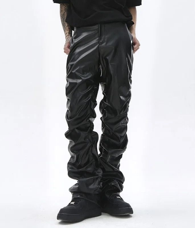 Japanese Brand × Leather Pleated Leather Streetwear Loose Ruched Casual Size US 29 - 1 Thumbnail