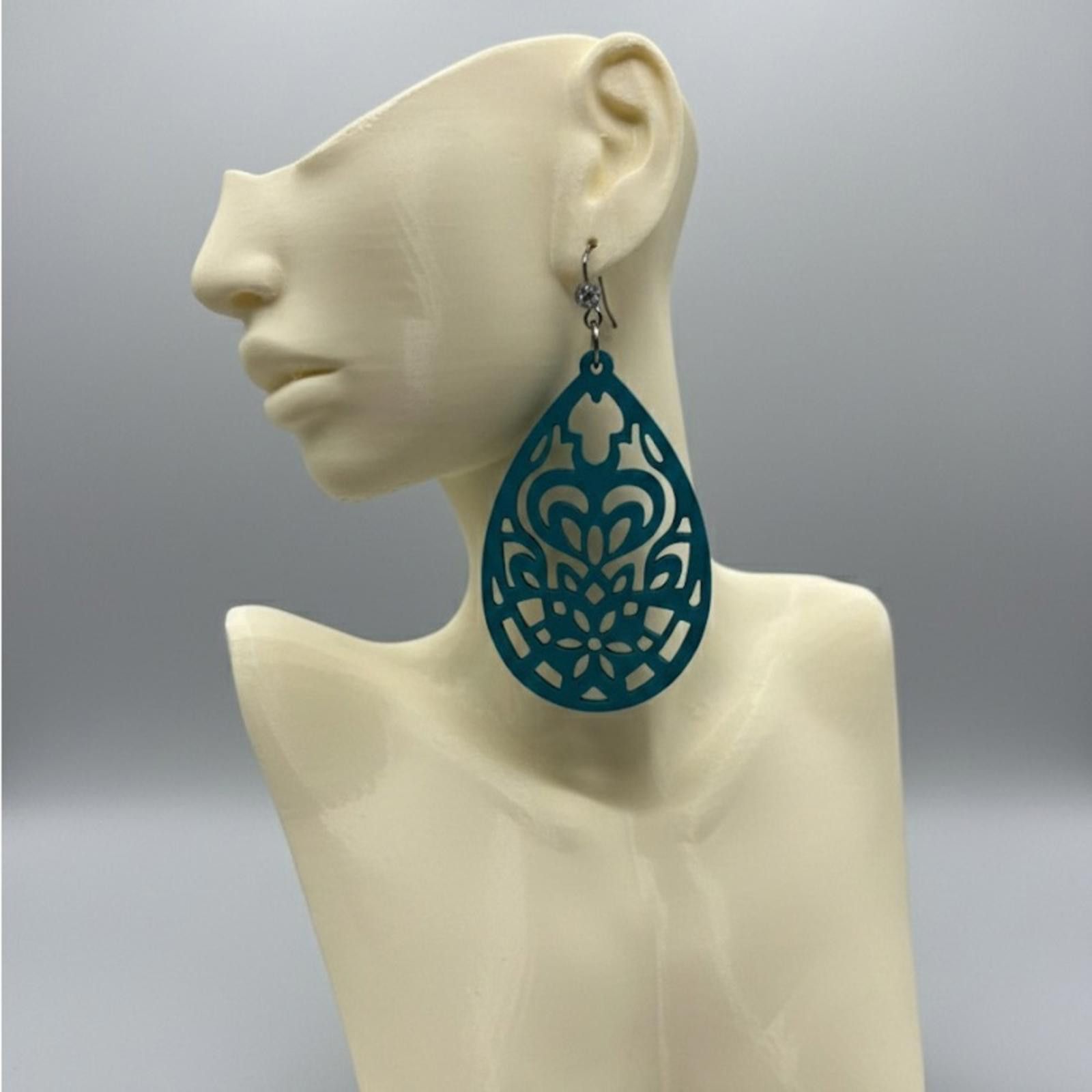 Handmade Teal Blue Laser Cut Teardrop Earrings 2in Size ONE SIZE - 1 Thumbnail