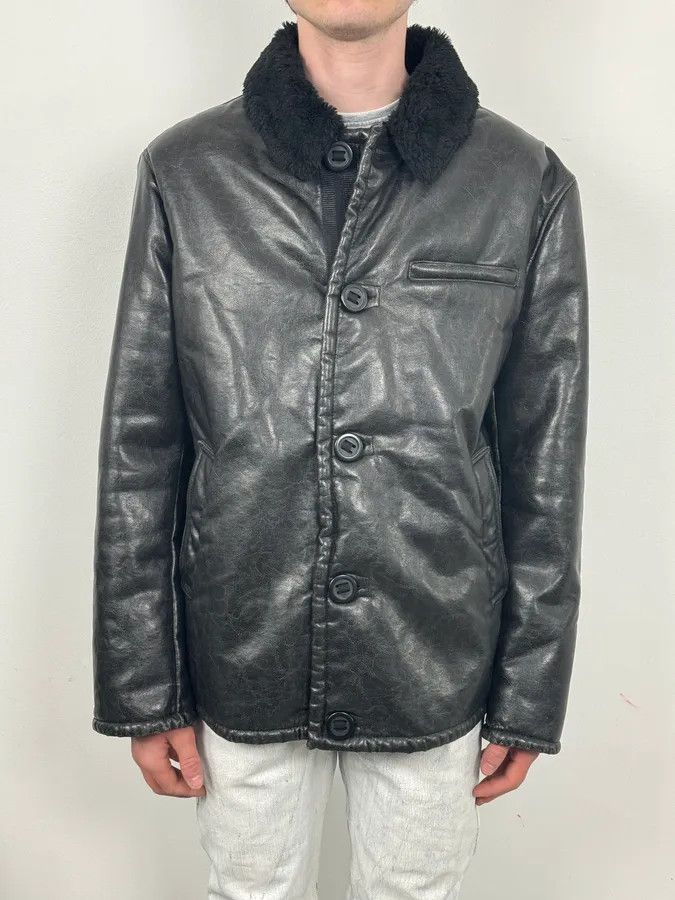 Armani 2000s Armani Black Faux Leather Fur Collar Jacket Size US L / EU 52-54 / 3 - 2 Thumbnail