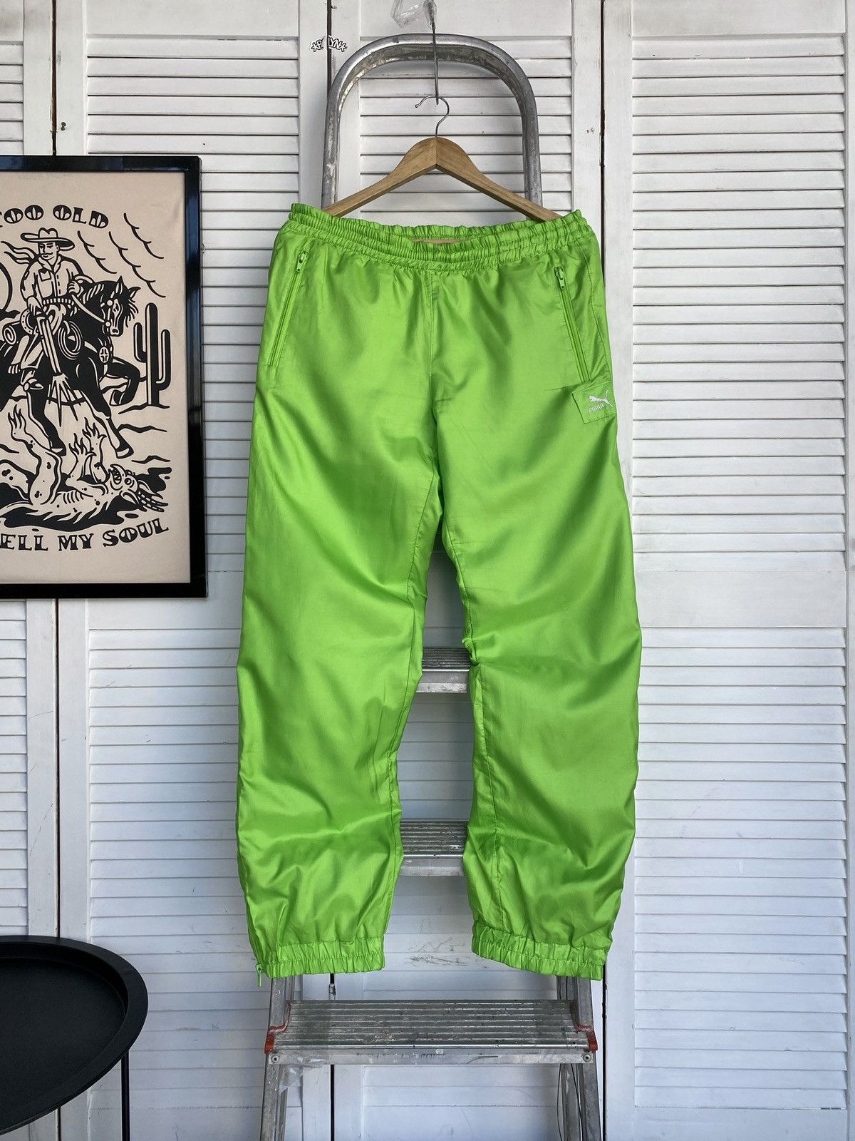 Vintage 90s Puma Track Retro Pants in Neon Green Y2K Joggers