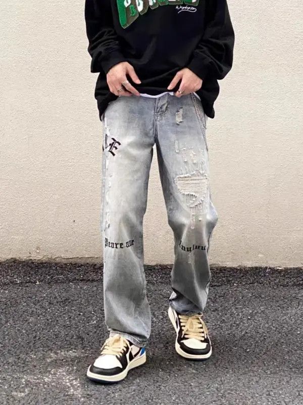 Japanese Brand Vintage washed embroidered ripped straight-leg jeans Size US 31 - 5 Thumbnail