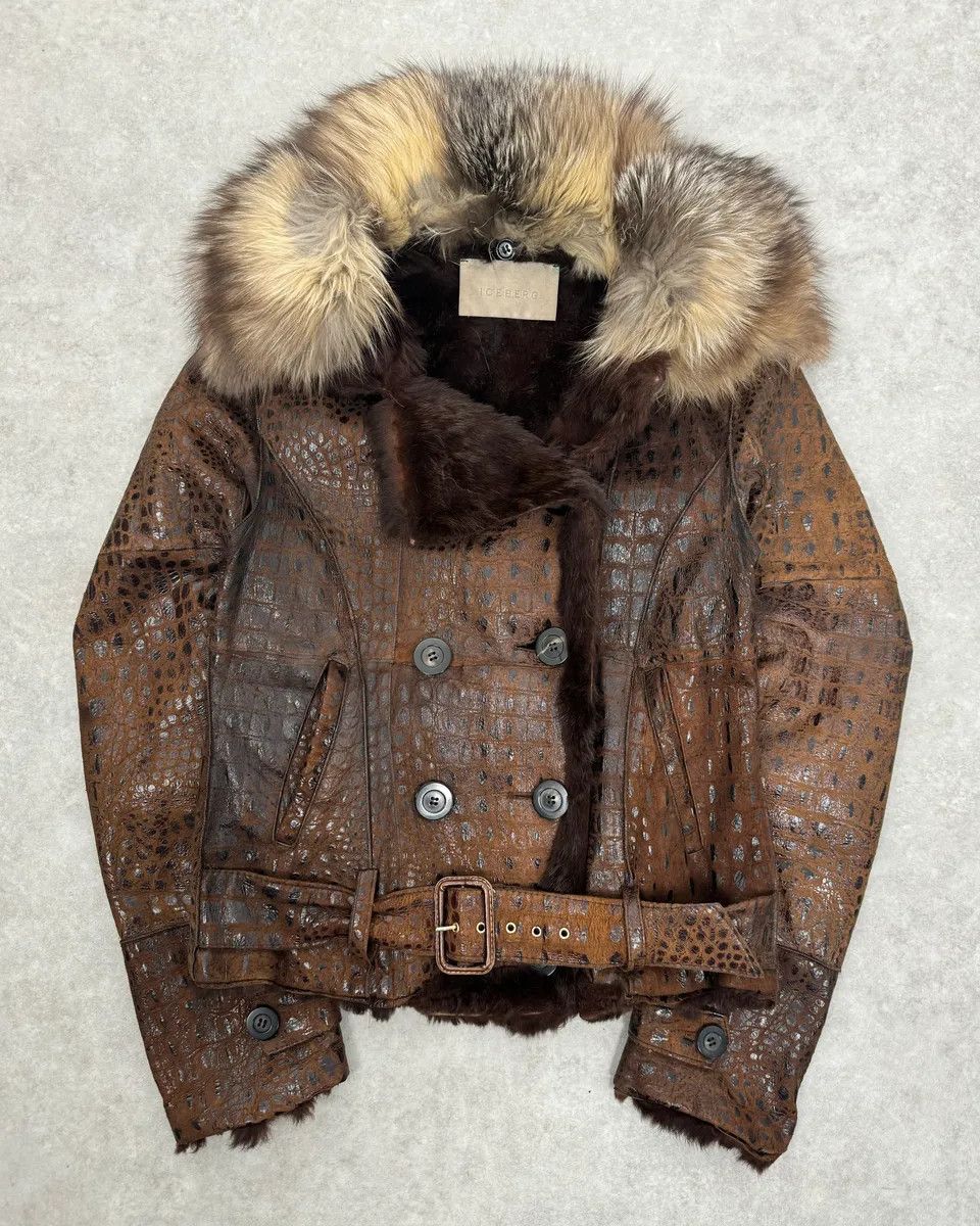 Iceberg 2000s Iceberg Fur Collar Crocodile Embossed Brown Leather Buttoned Jacket Size S / US 4 / IT 40 - 1 Thumbnail
