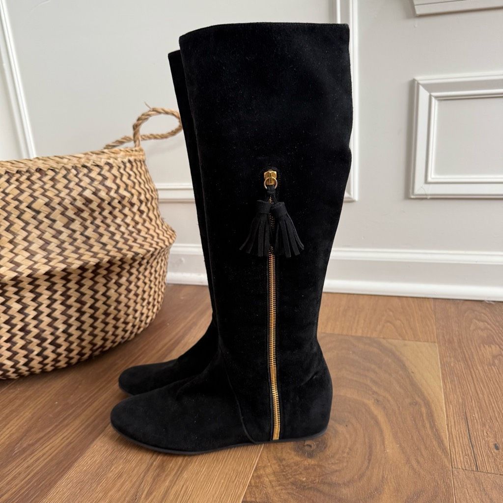 Stuart Weitzman Stuart Weitzman Boot Tass Hidden Wedge Black Suede Gold Zipp Size US 6.5 / IT 36.5 - 4 Thumbnail