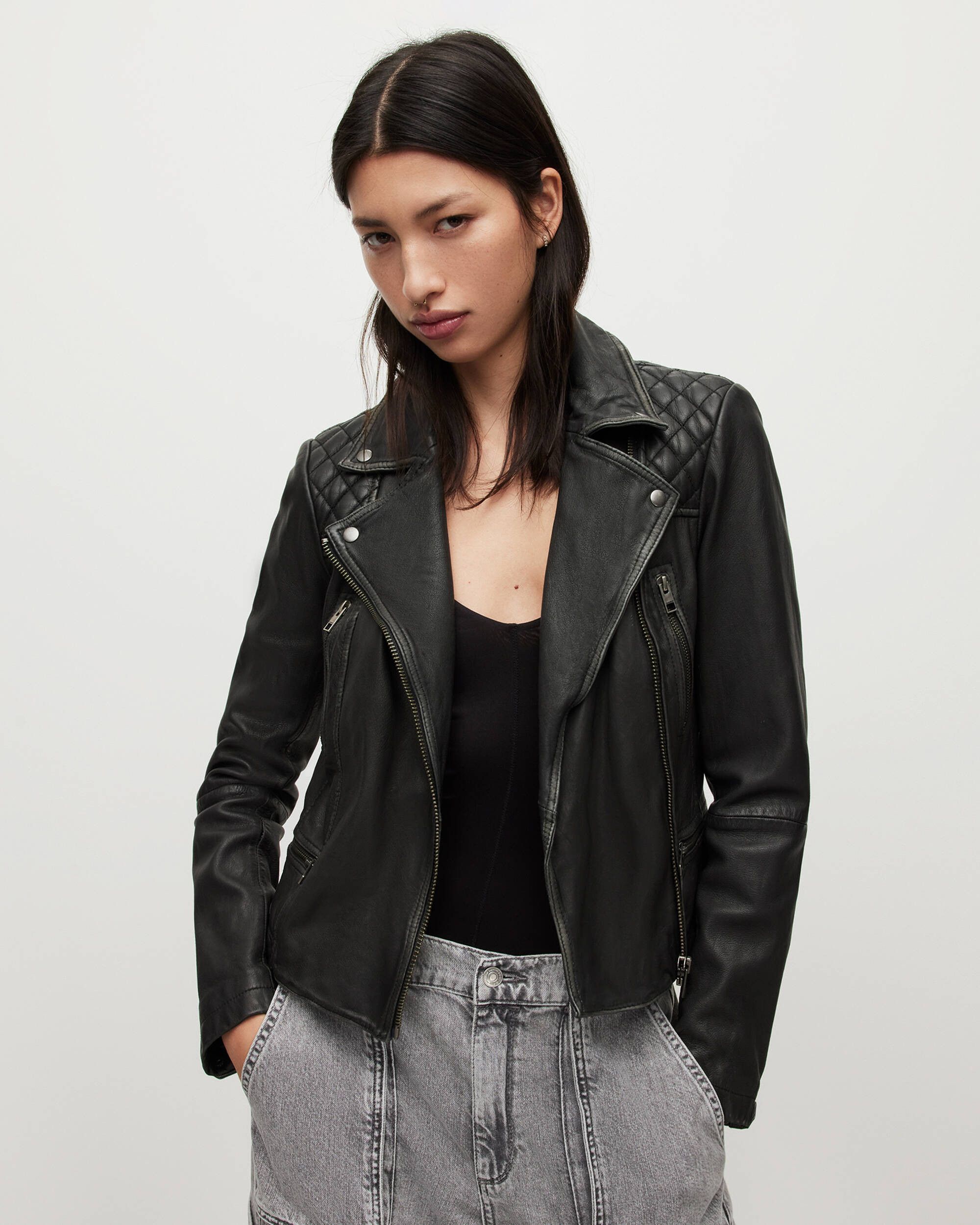 Allsaints MSRP 390€ Biker Leather Jacket M, black, used-look, short Size M / US 6-8 / IT 42-44 - 6 Thumbnail