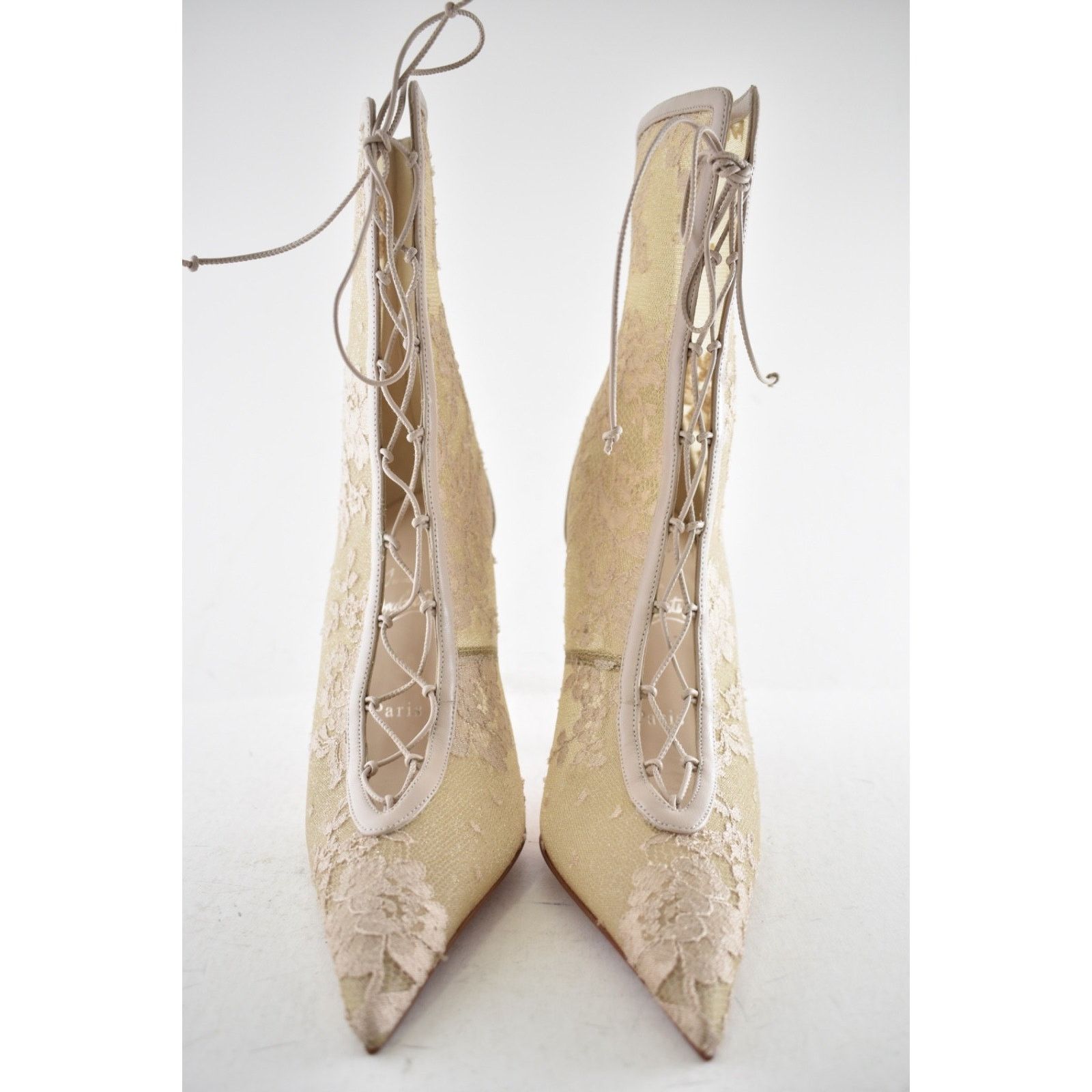 Christian Louboutin KM Lace Booty 100 Pearl Beige Lace Up Ankle Heel Bootie 40 Size US 10 / IT 40 - 11 Thumbnail