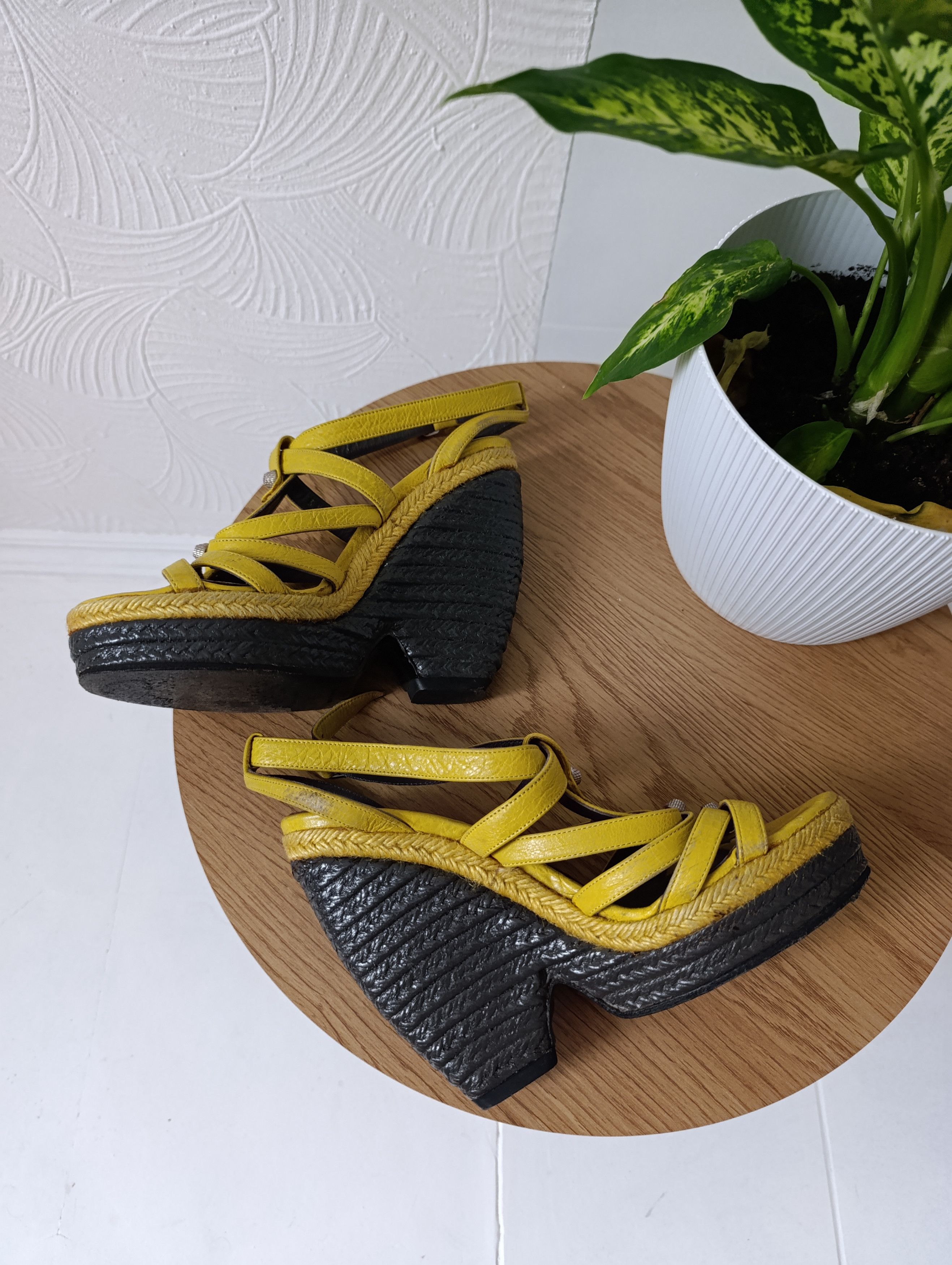 Balenciaga Balenciaga Yellow Leather Wedge Ankle Strap Sandals Size US 7 / IT 37 - 8 Thumbnail