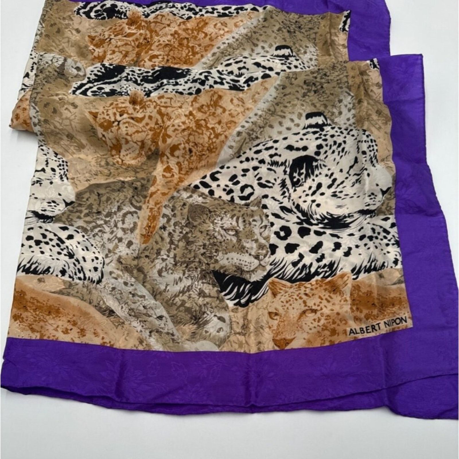 Albert Nipon Albert Nipon Scarf Vintage Leopard Print Purple Trim Silk Size ONE SIZE - 2 Thumbnail