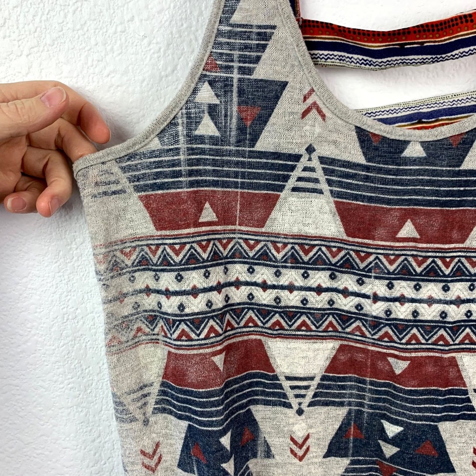 Vintage Daytrip Shirt Women's M Tank Top Bohemian Daytrip Tribal Print Rayon Blend Back Cut Out 2000s Y2K Grey Red Blue White Size M / US 6-8 / IT 42-44 - 2 Thumbnail