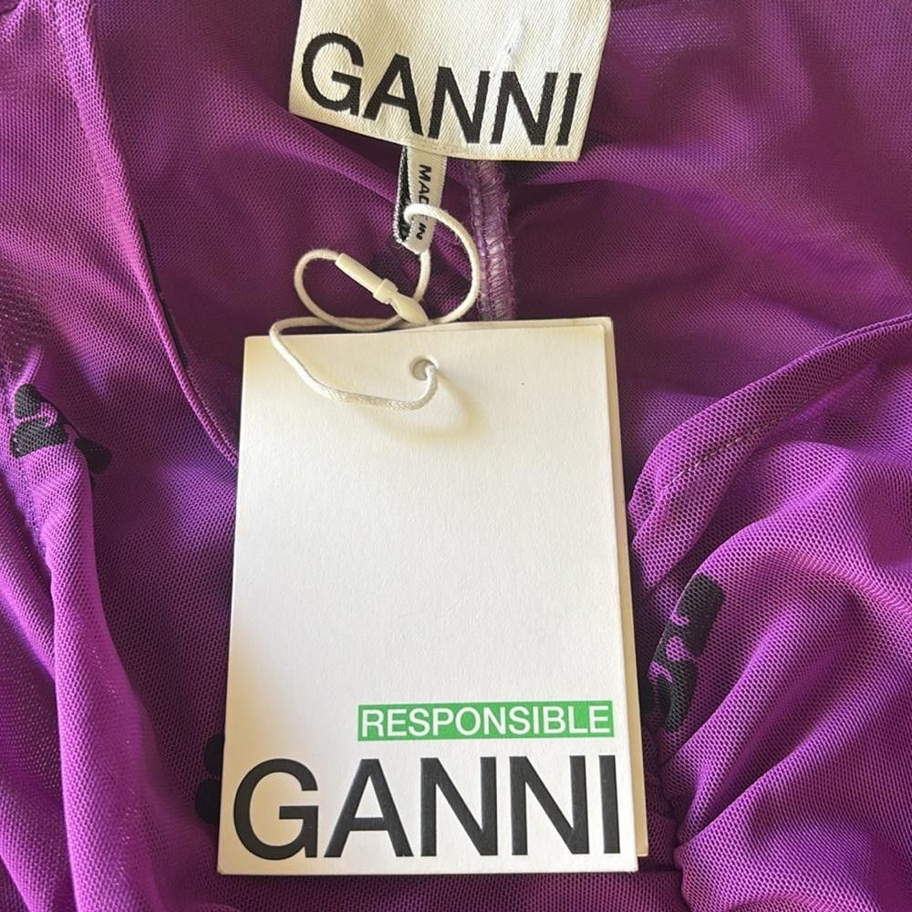 Ganni GANNI Printed Ruched Mesh Midi Dress Sparkling Grape NWT Size XS / US 0-2 / IT 36-38 - 12 Thumbnail