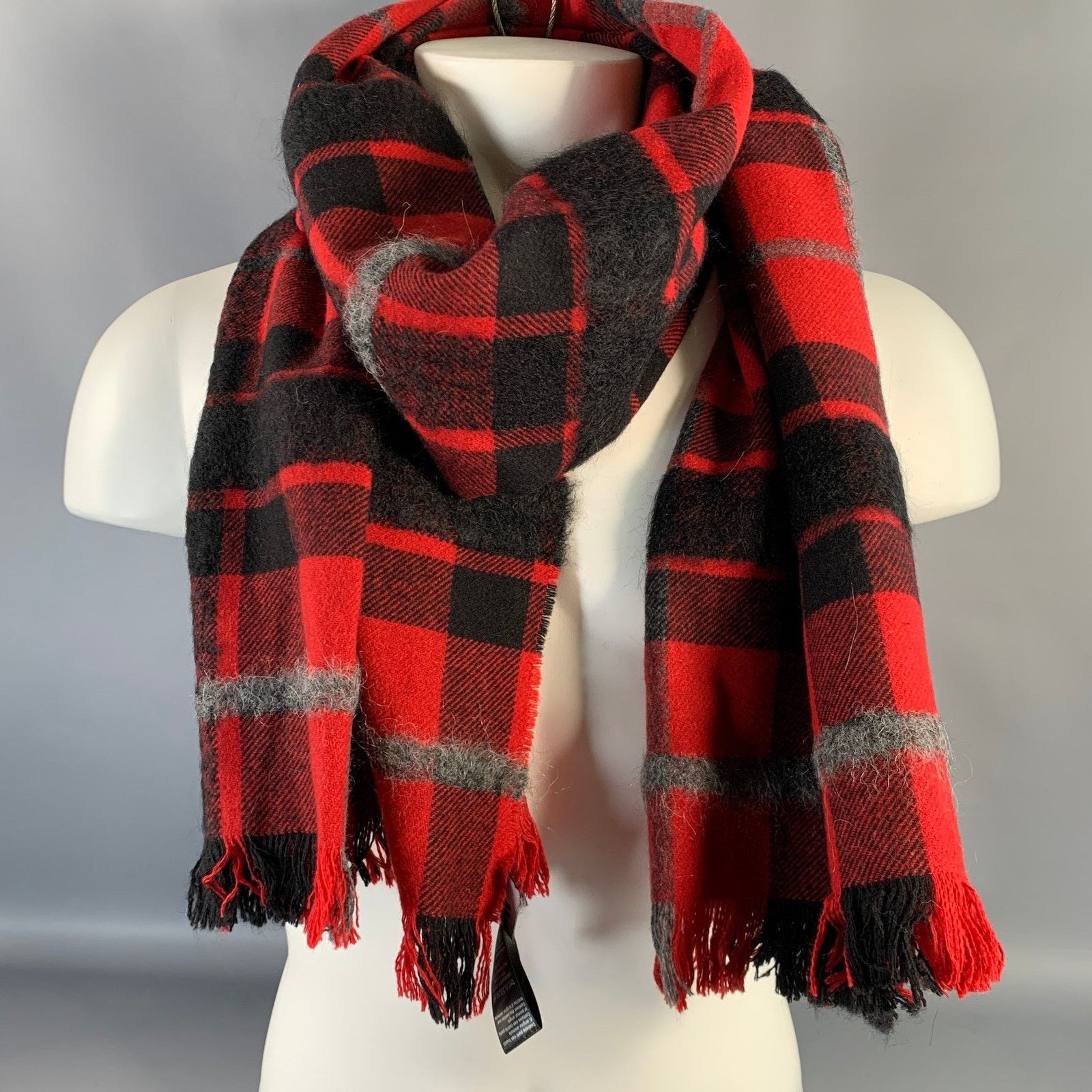 DSQUARED2 Red Black Plaid Wool Blend Scarves