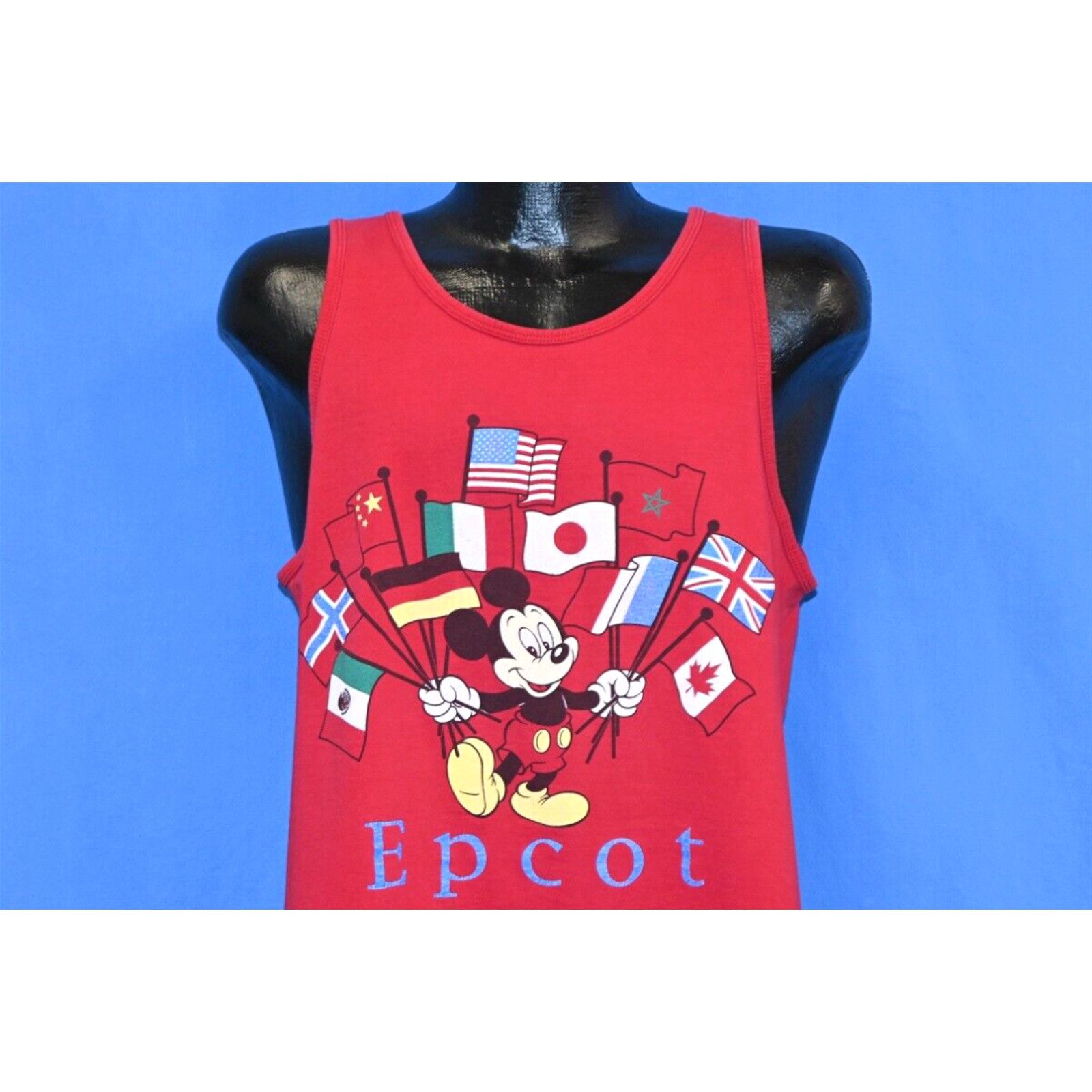 image of VTG 90's Mickey Mouse Epcot Disney World Flags Sleeveless Red Tank Top T-Shirt L in White (Size Lar