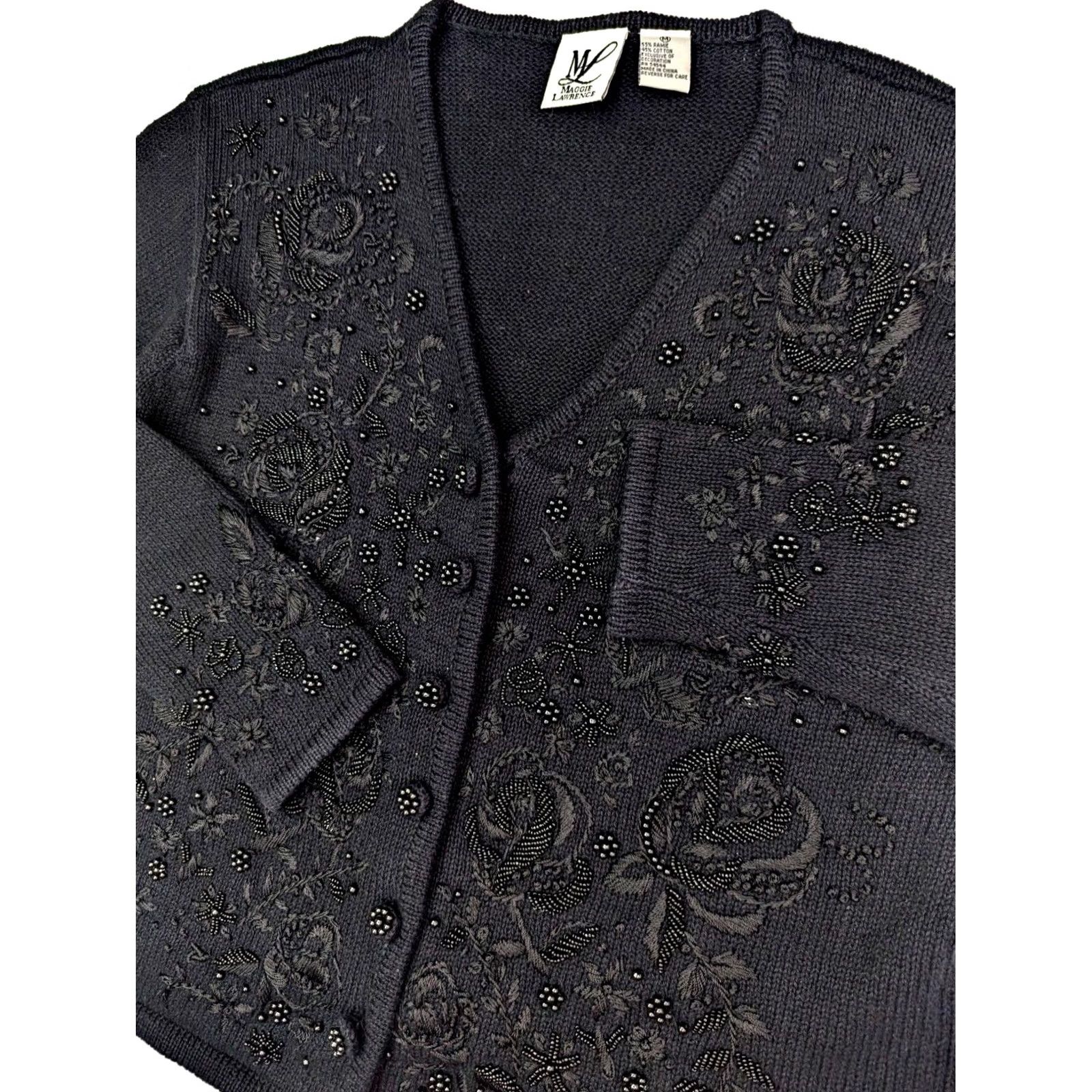 Vintage Maggie Lawrence Cardigan Women M Black Floral Embroidered Bead Accent Cable Knit V-Neck Sweater Shirt/Layering Size M / US 6-8 / IT 42-44 - 2 Thumbnail