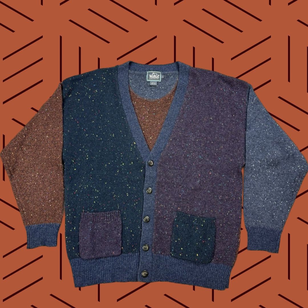VINTAGE Woolrich Colorblock Wool Button Cardigan Mens Large Regular Knit Multicolor 90s COSBY Retro Dad Grandpa Buttoned Sweater