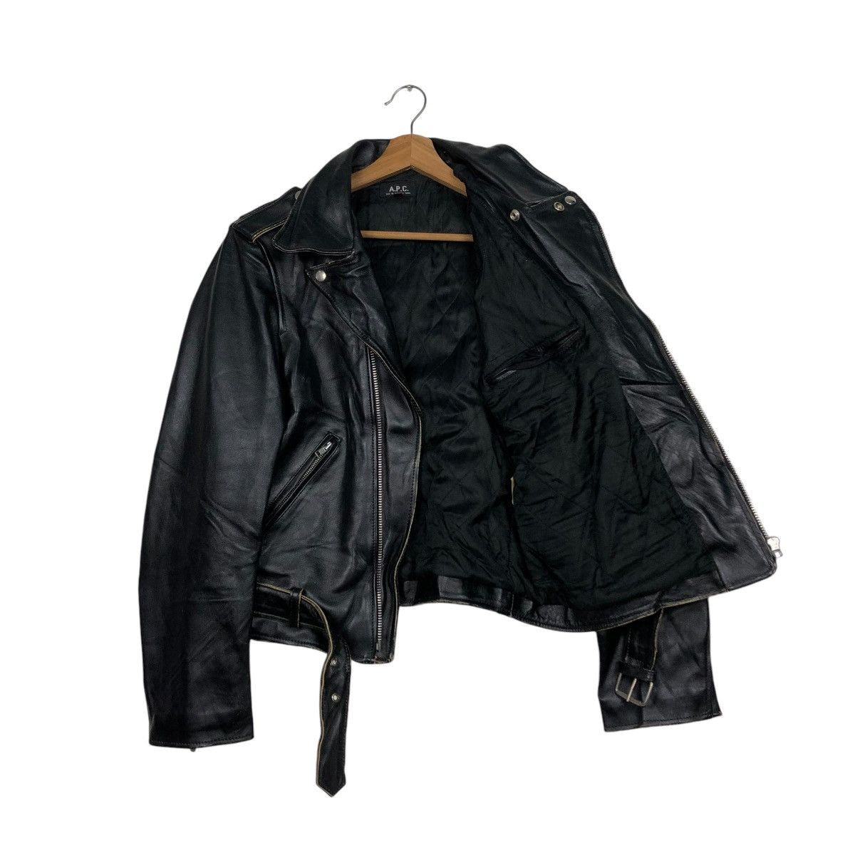 A.P.C. 🔥VINTAGE BIKE LEATHER JACKET APC DOUBLE COLLAR ISSEY MIYAKE Size US M / EU 48-50 / 2 - 10 Thumbnail