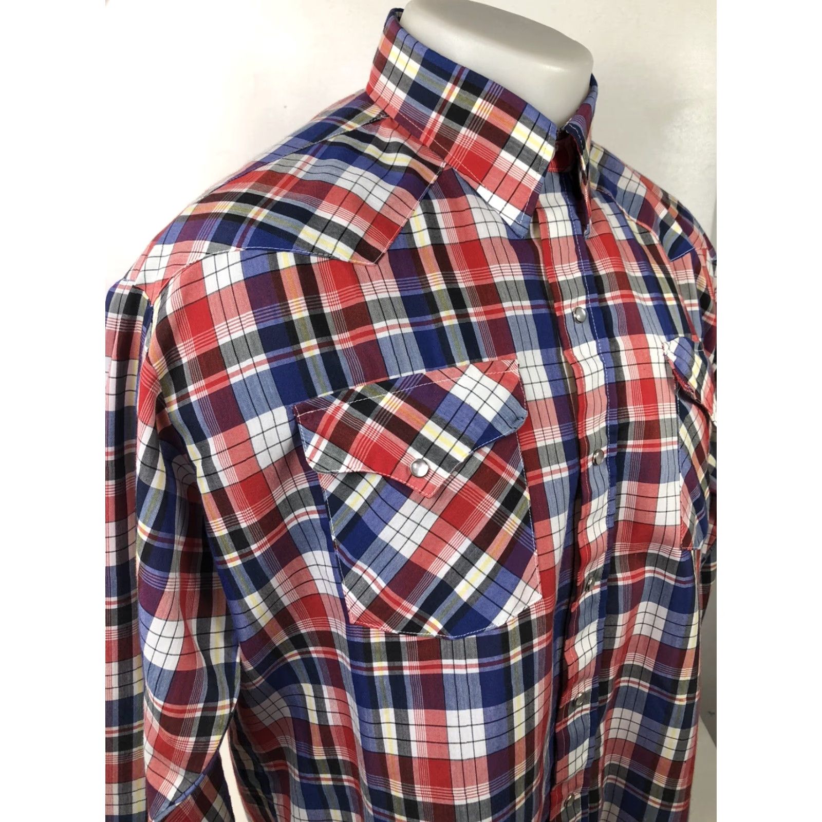 Vintage PANHANDLE SLIM - Mens XL Western Rockabilly PEARL SNAP Cowboy Shirt Shirt Mens XL Blue White Red Yellow Rockabilly 90s Cowboy Snap Button-Up Mens Size US XL / EU 56 / 4 - 2 Thumbnail