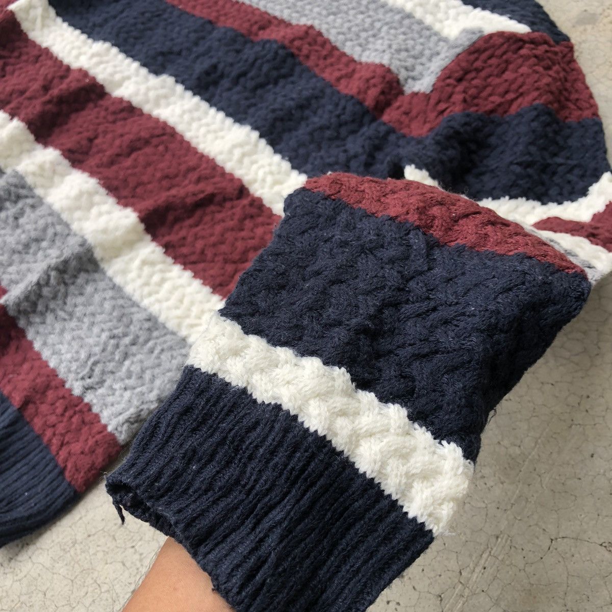Aran Isles Knitwear × Designer × OVER THE STRiPES 🔴Japanese Sevendays Sunday Memeri/Stripe Knitting Sweater Size US L / EU 52-54 / 3 - 4 Thumbnail