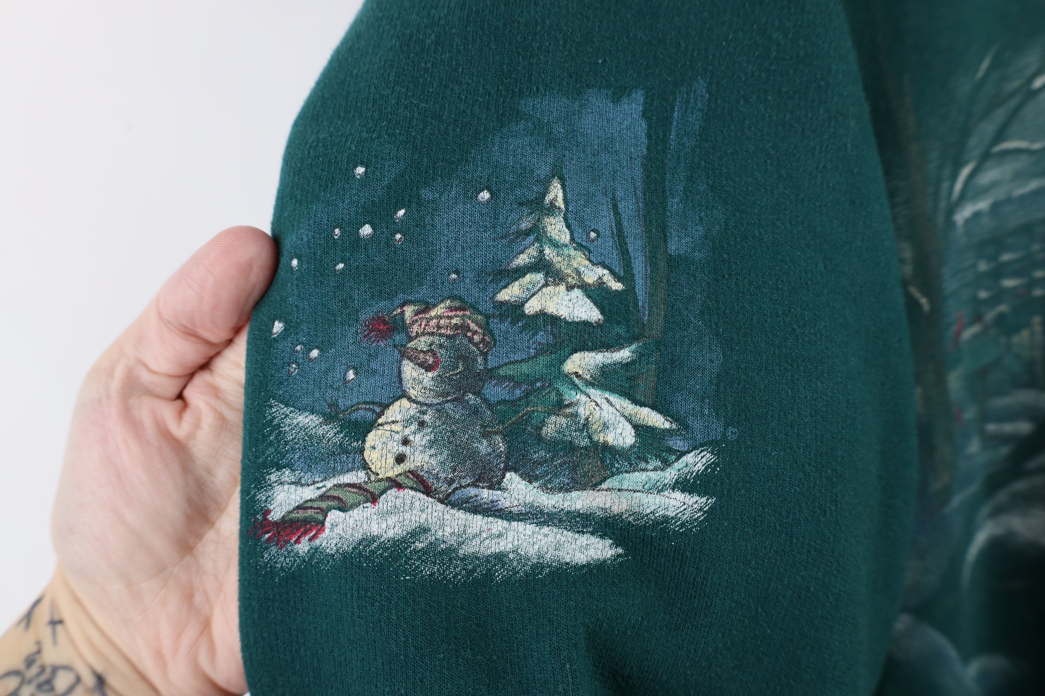 Vintage Vintage 90s Christmas Snowman Farmhouse Cat Sweatshirt Green Size XL / US 12-14 / IT 48-50 - 9 Thumbnail