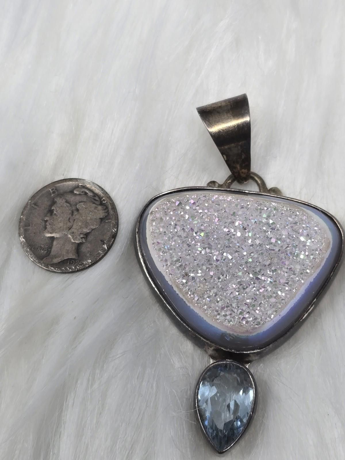 Other Obsidian 925 Silver Angel Aura Druzy Blue Sapphire Pendant Size ONE SIZE - 2 Thumbnail