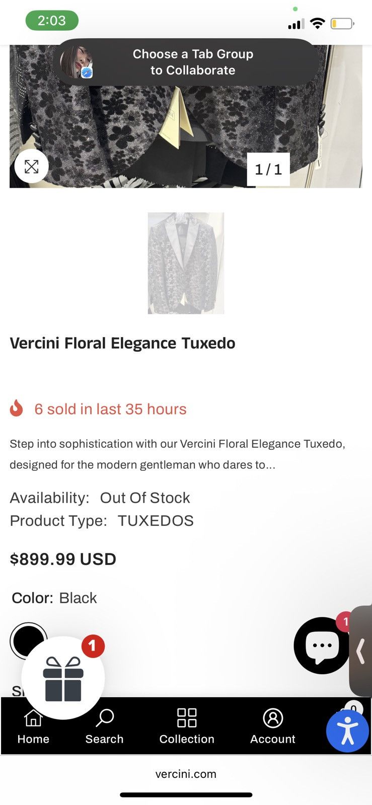 Versini Black Flower, Vercini Floral Elegance Tuxedo Size 46R - 6 Thumbnail