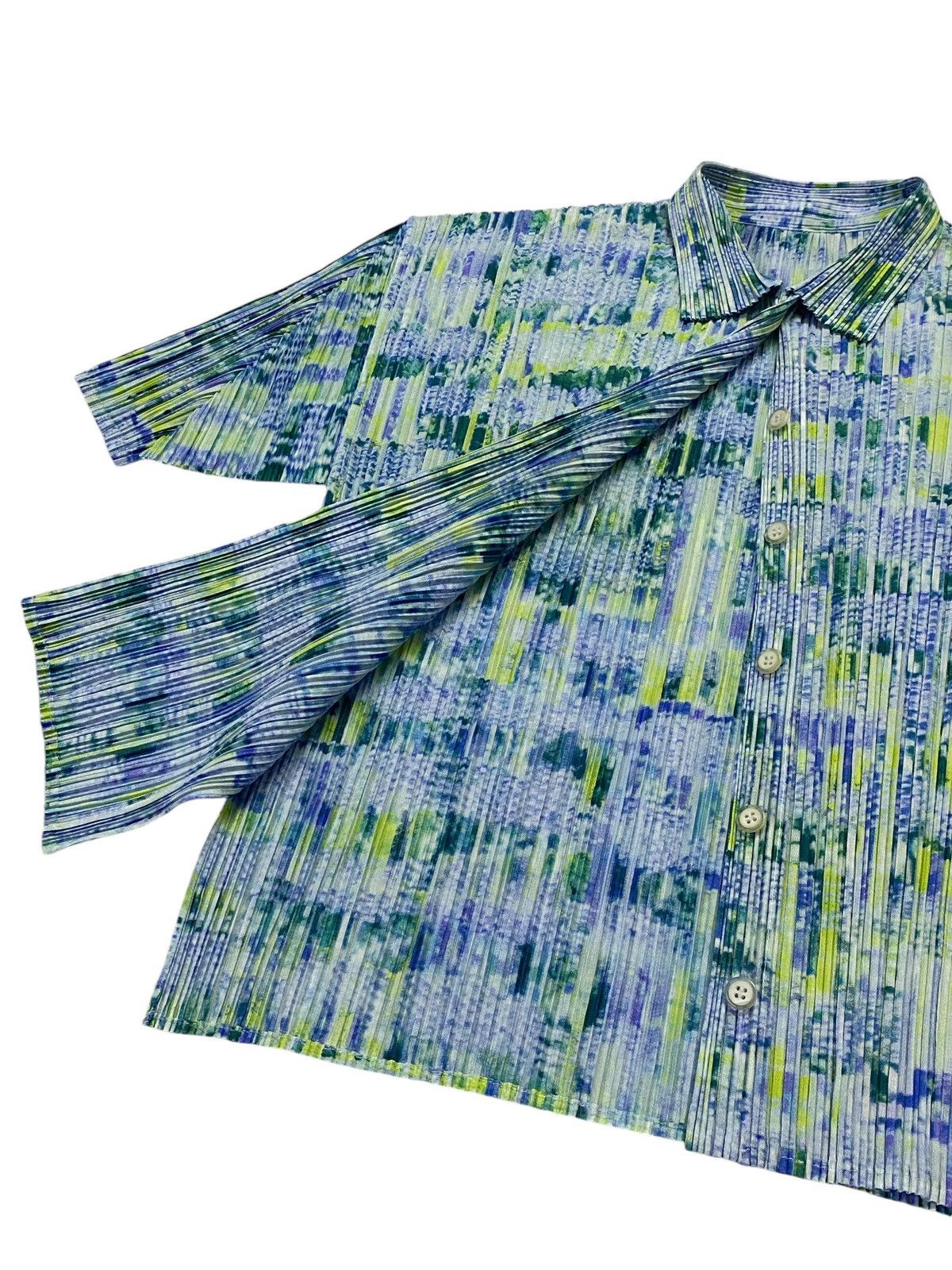Issey Miyake × Pleats Please Issey Miyake Pleats Please Pleated Multicolor Top Short Sleeve Button Ups Size L / US 10 / IT 46 - 9 Thumbnail