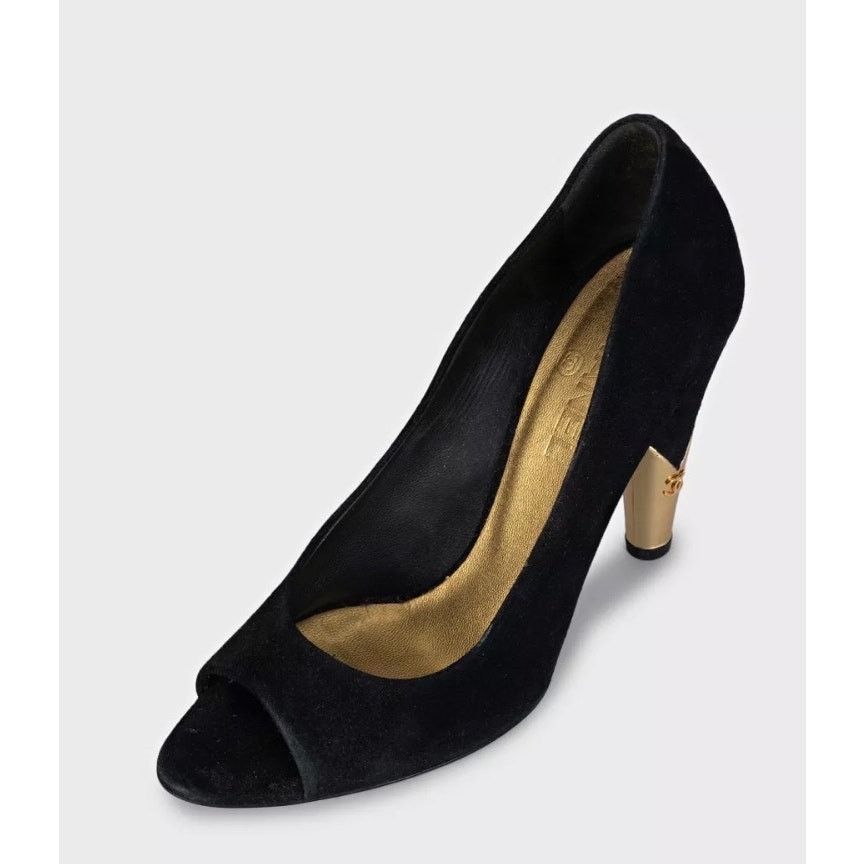 Chanel Chanel Black Suede Gold Accent Open Toe Pumps Sz 40 Size US 9 / IT 39 - 3 Thumbnail