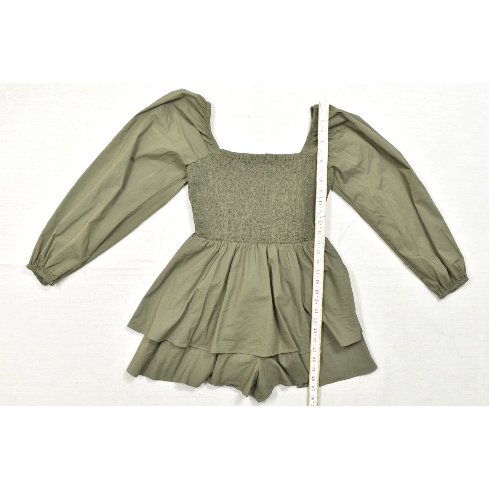 Express Express Shirt Womens M Olive Green Smocked Puff Sleeve Peplum Top Cotton Blend Size M / US 6-8 / IT 42-44 - 4 Thumbnail